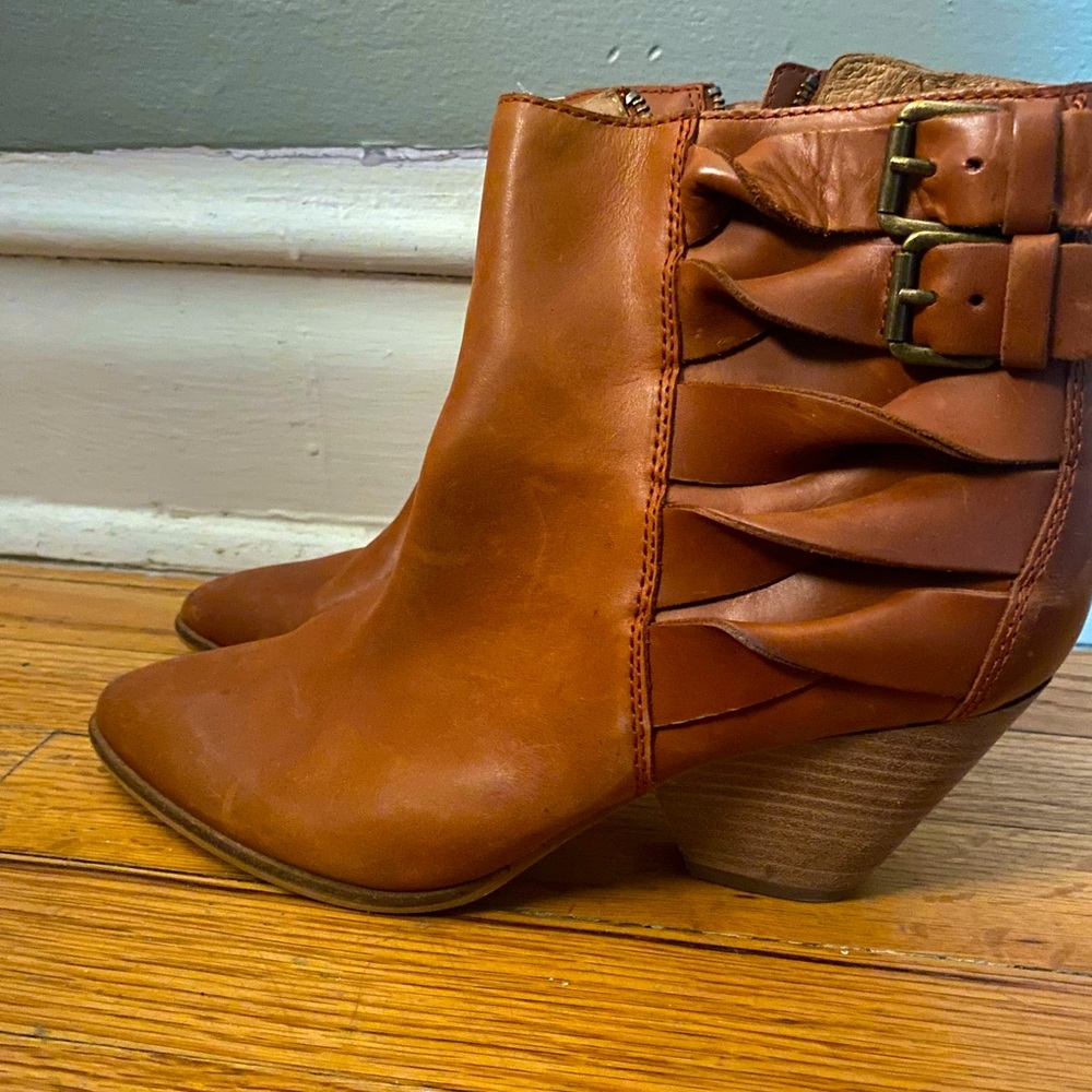 Frye leather upper, stacked heal bootie